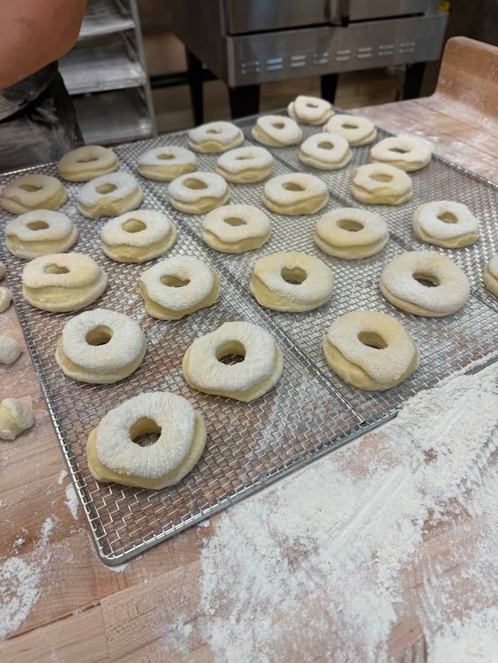 Rows of pale, freshly cut donut rings dusted with flour, proofing on a wire rack over a floured wooden bench.